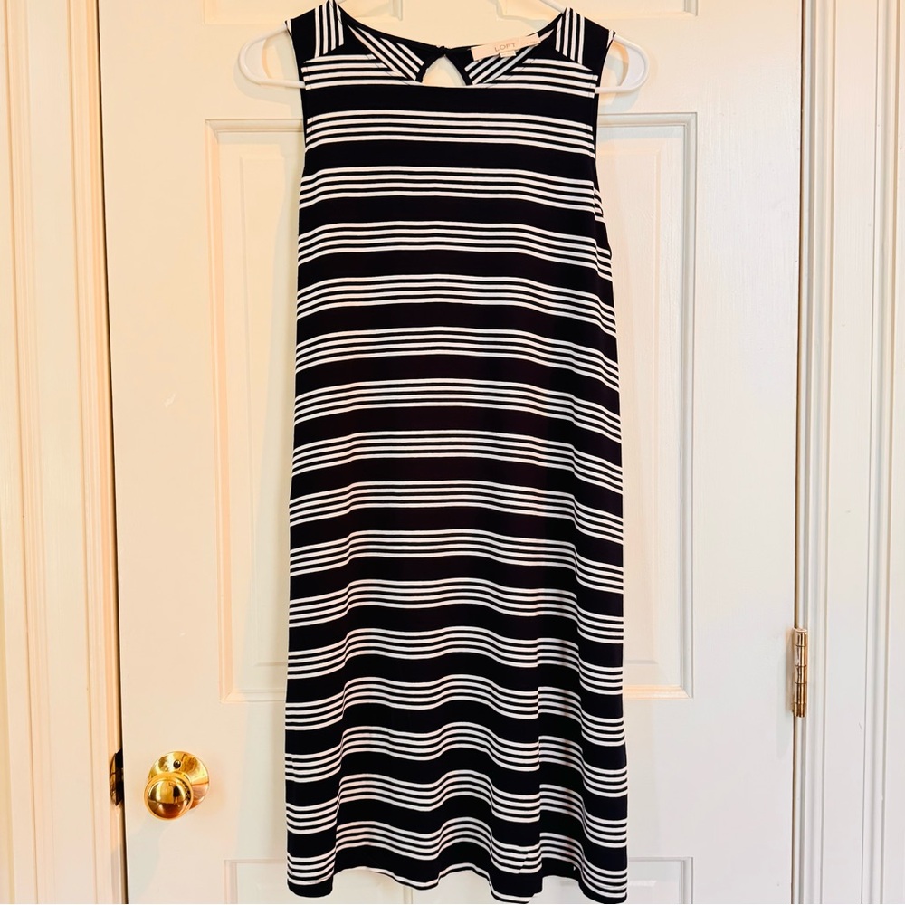 LOFT Navy and White Striped Midi Dress